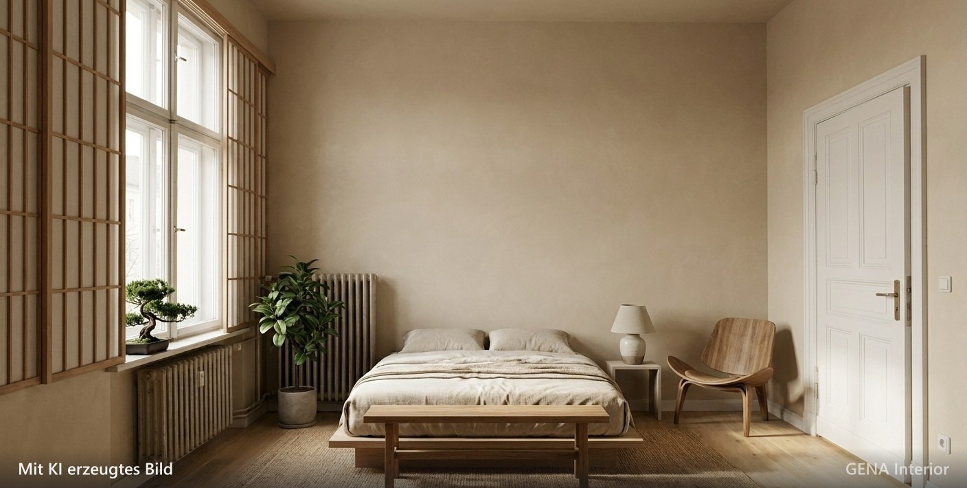Altbauzimmer, von GENA im Japandi-Stil eingerichtet: niedriges Bett, Holzbank, Schalensessel und Juteteppich